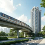 Elevated Singapore Mass Rapid Transit Mrt Tracks Adjacent To Contemporary Private Residential Developments