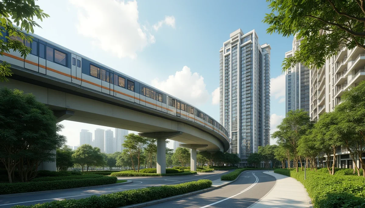 Elevated Singapore Mass Rapid Transit Mrt Tracks Adjacent To Contemporary Private Residential Developments
