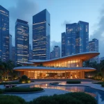 Singapore Financial District Office Towers And Prime Commercial Skyline Illuminated At Dusk