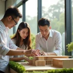 Prospective Homebuyers Analyzing Condominium Architectural Model At A Singapore Property Sales Gallery