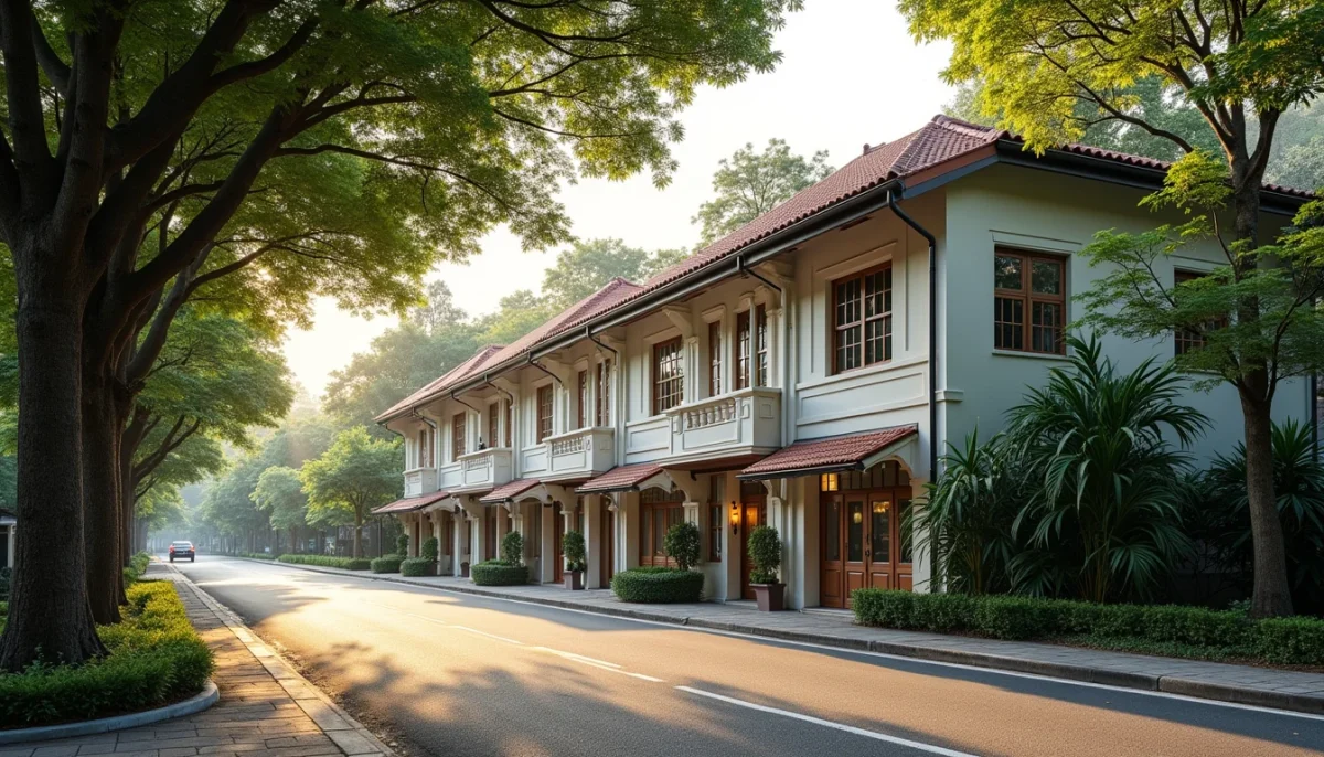 Serene Leafy Two-Storey Strata Shophouse Row Along Binjai Park Bukit Timah Singapore Illustrating Rare 999-Year Commercial Property Investment