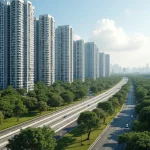 Modern Singapore Suburban Residential High-Rise Condominium Towers And Green Park Corridor Under Clear Daylight