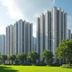 Modern Singapore High-Rise Public Housing Residential Estate With Lush Park Grounds And Mature Rain Trees