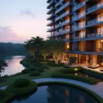 Editorial Concept Of A Modern Singapore Residential Condominium Overlooking A Serene Lake And Tropical Gardens At Dusk