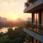 Editorial Concept Of An Elevated Modern High-Rise Residential Apartment Balcony Overlooking Bishan Park And Scenic Water Reservoir In Singapore At Sunset
