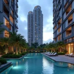 Editorial Concept Of Modern Luxury Singapore High-Rise Residential Towers And Landscaped Courtyard At Twilight Representing Transit-Oriented Housing Infrastructure