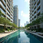 Modern Luxury Singapore Condominium Residential Towers With Serene Infinity Lap Pool And Lush Manicured Gardens