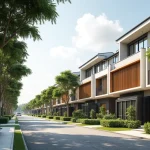 Upscale Modern Singapore Landed Residential Neighborhood Featuring Contemporary Terraced And Semi-Detached Homes With Timber Screens And Manicured Greenery