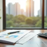 Mortgage Calculation Documents And Residential Financing Blueprints On A Desk Overlooking Modern Singapore Condominiums Representing Fixed And Floating Home Loan Choices