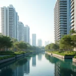 Editorial Concept Of Modern Banking Towers And High-Rise Luxury Residential Condominiums Along A Tranquil Waterfront In Singapore