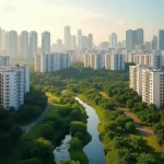 Aerial View Of Singapore Public Housing Hdb Estates And Private Condominiums Surrounded By Green Park Connectors Under Warm Morning Light