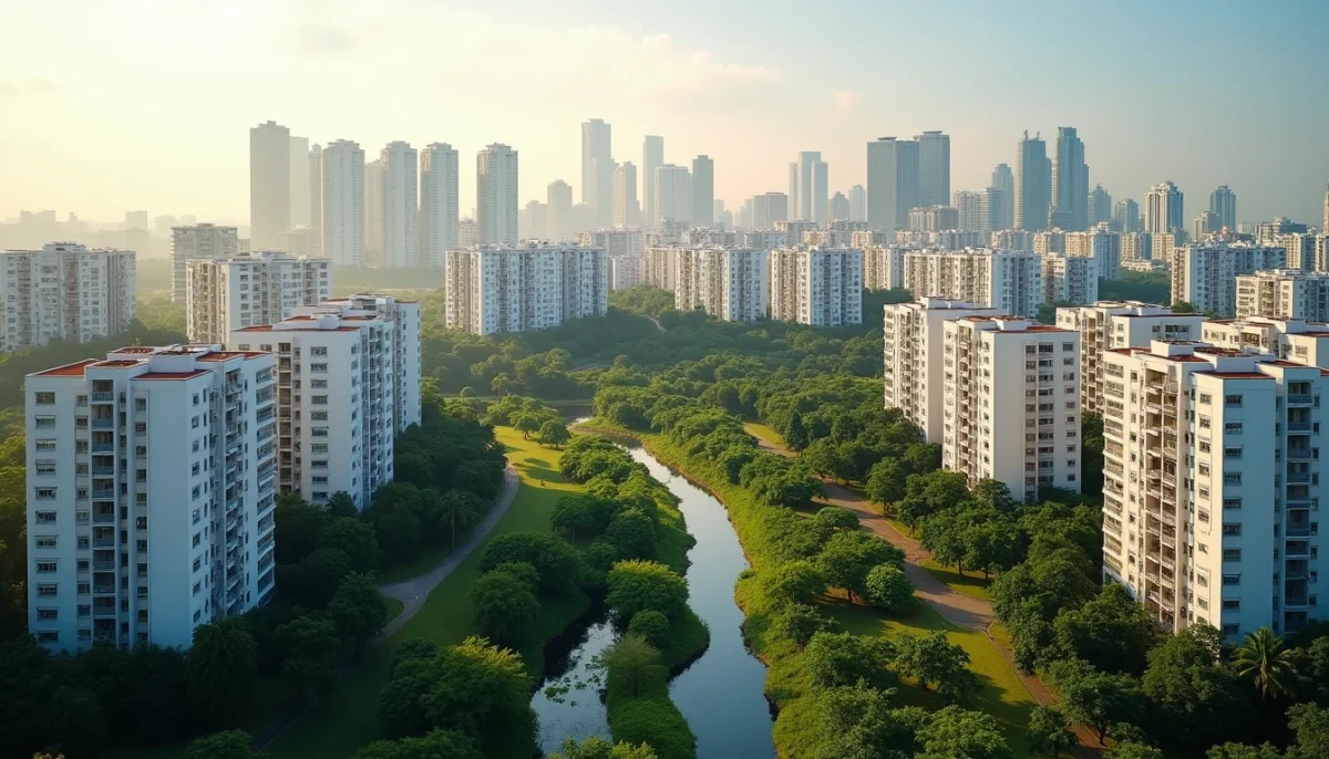 Aerial View Of Singapore Public Housing Hdb Estates And Private Condominiums Surrounded By Green Park Connectors Under Warm Morning Light